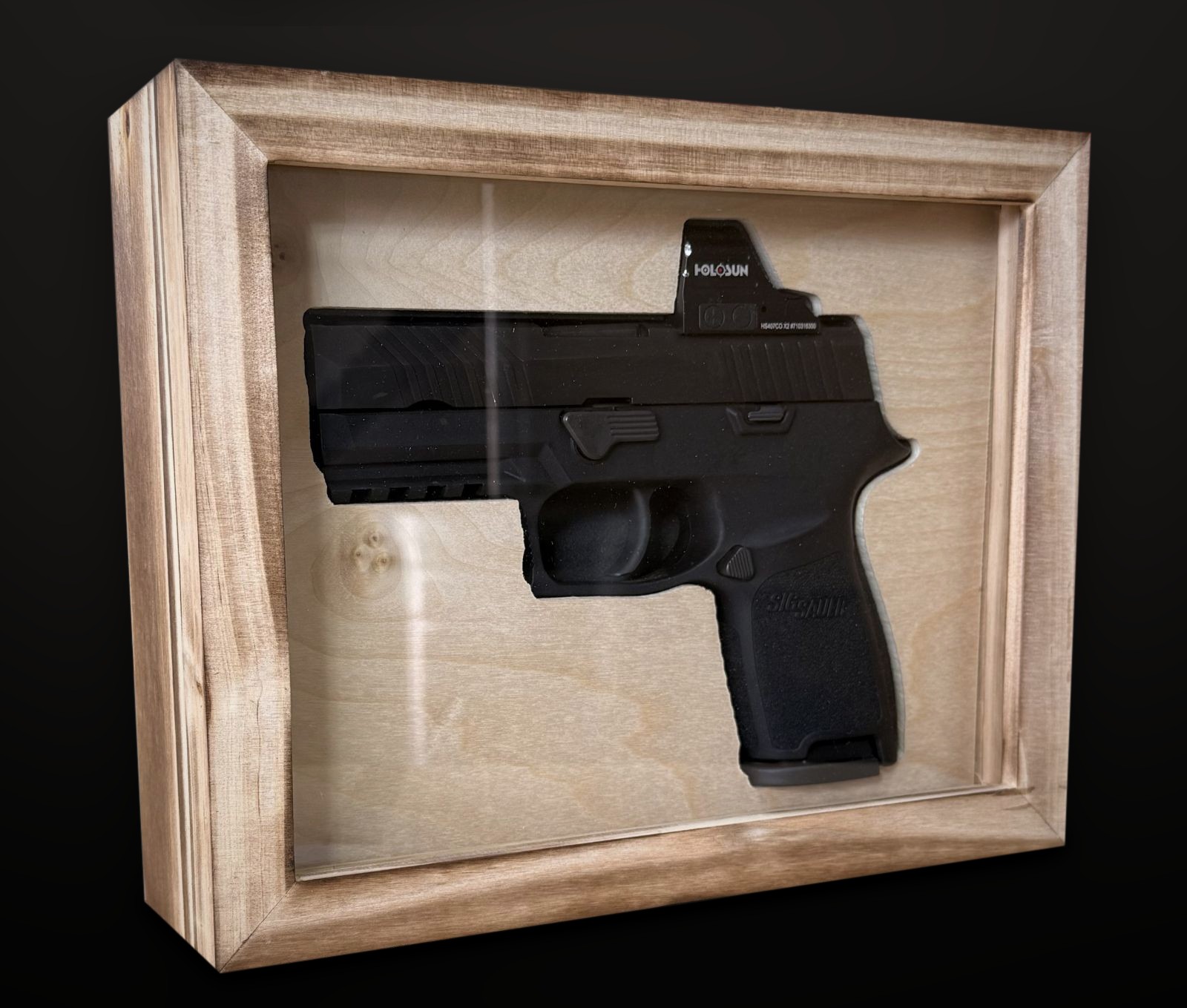 P320 in a birch overlay case, front view