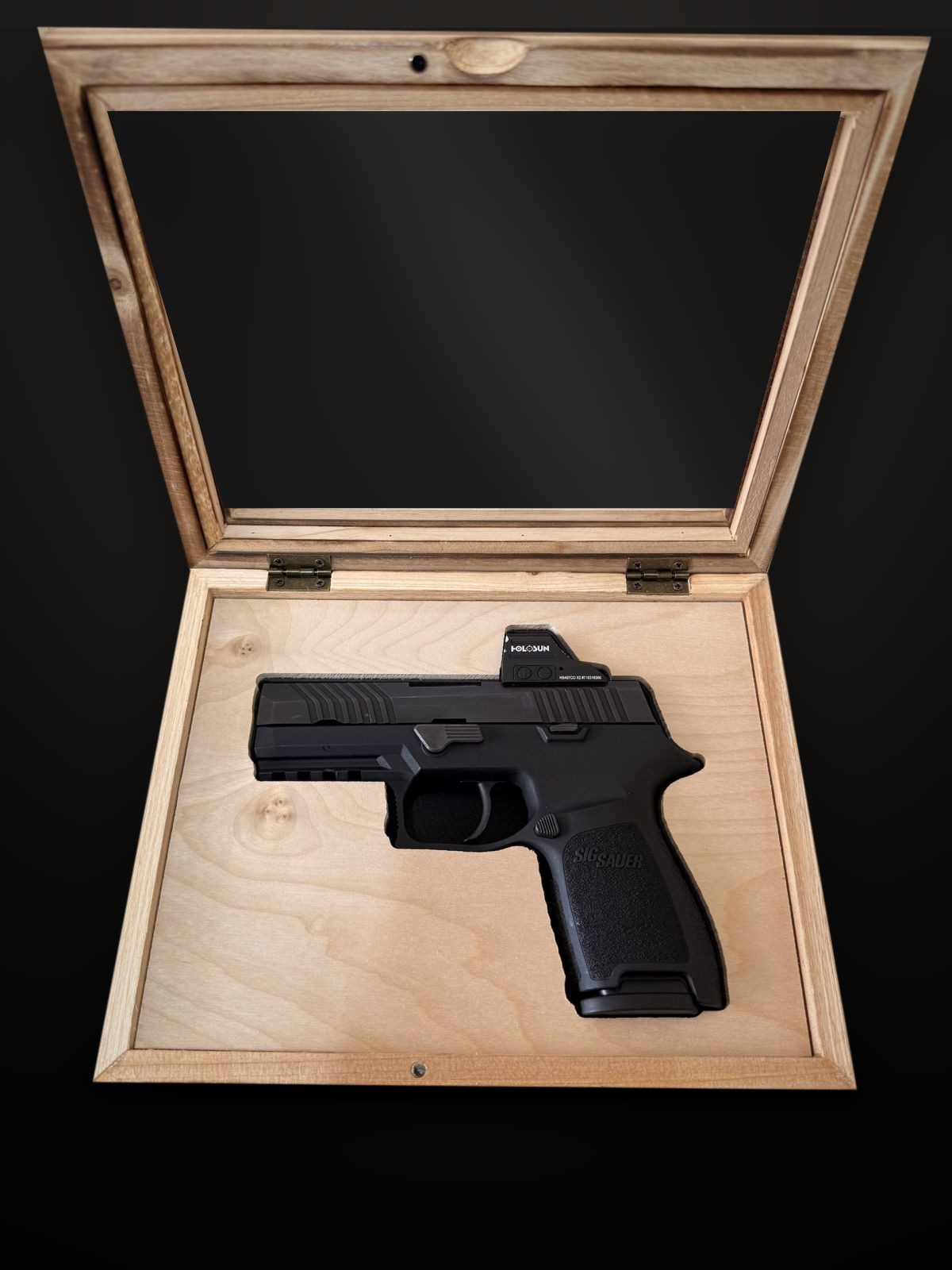 Birch overlay case with the glass lid open